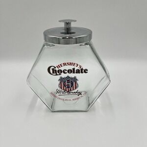 Vintage Hershey's Chocolate Glass Candy Jar Hexagonal Diamond Shape Chrome Lid‎